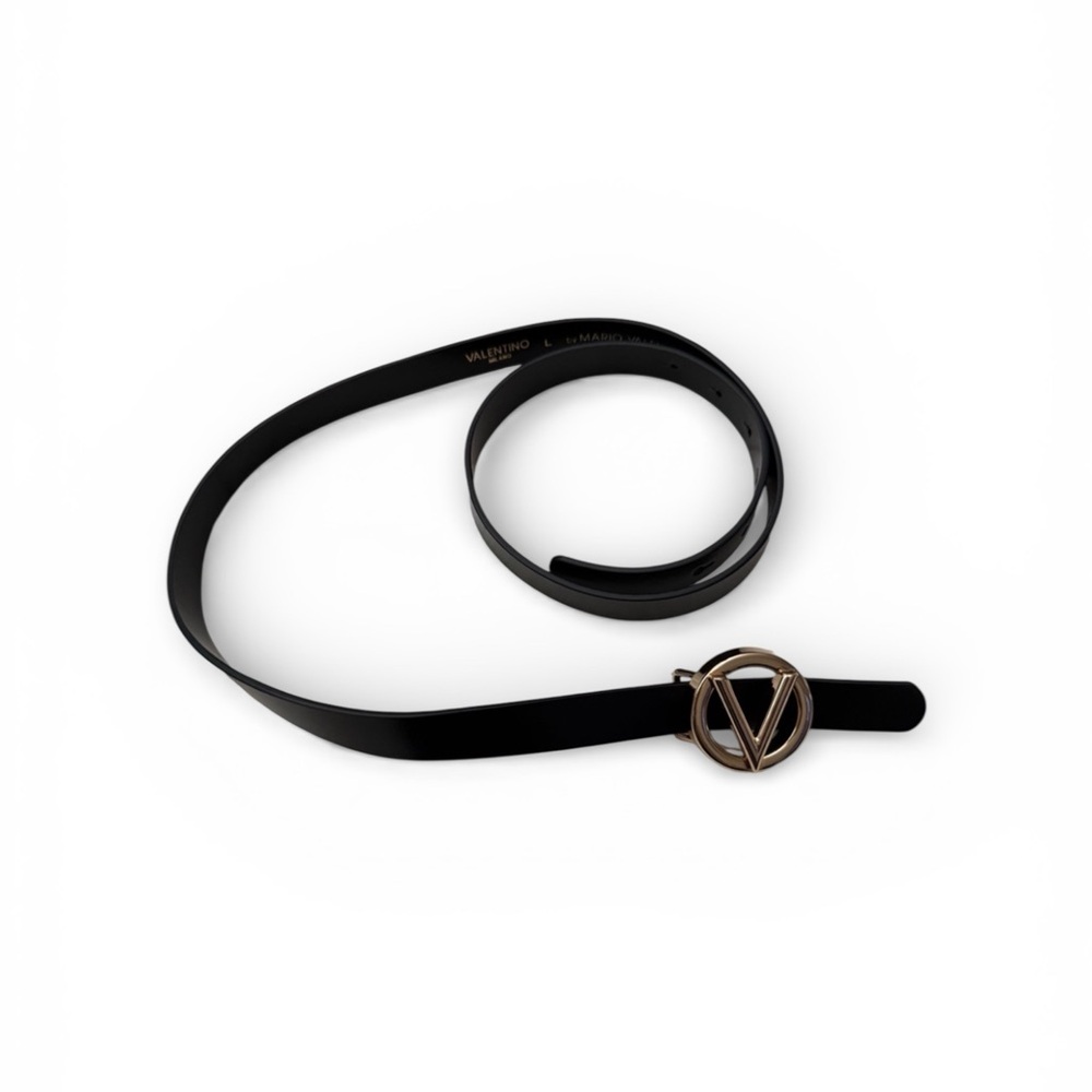 Mario Valentino Black Leather Baby Belt with Gold Tone Buckle Large